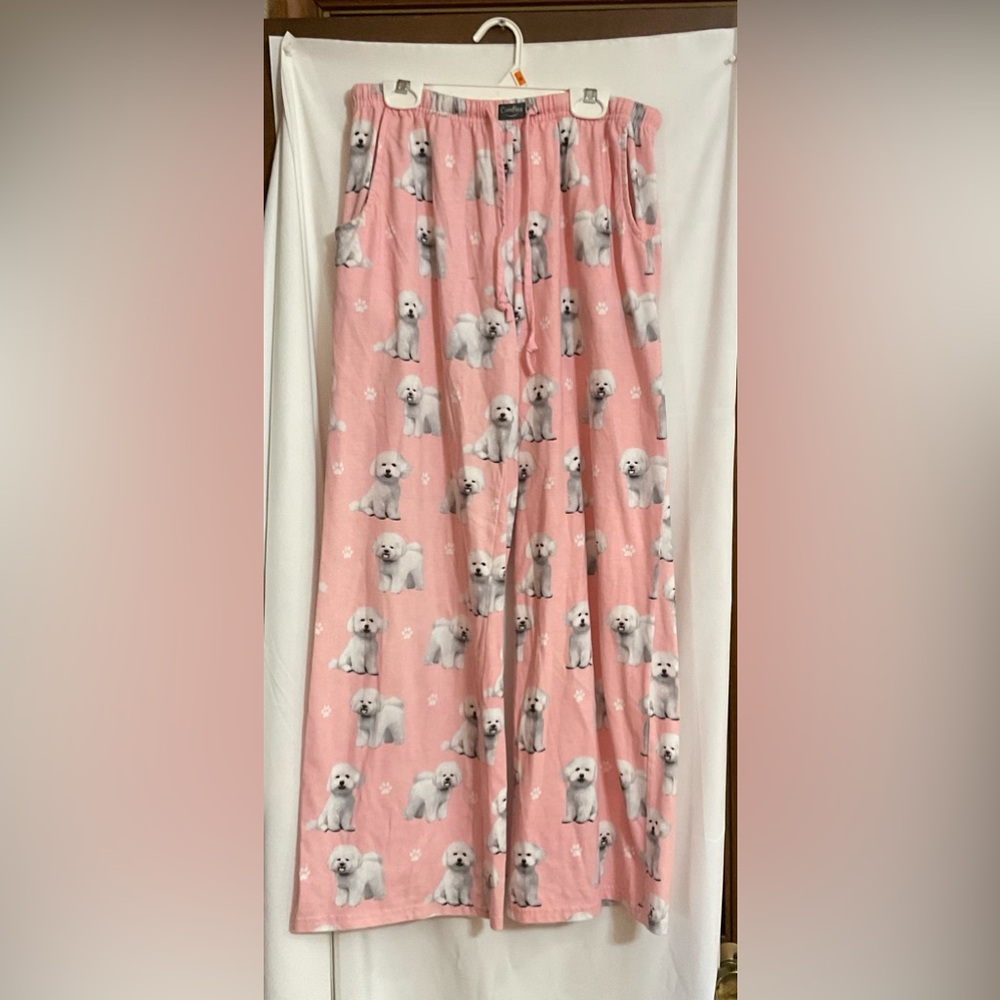 Comfies: Bichon Frise dog breed print pink lounge/pajama pants.size medium.